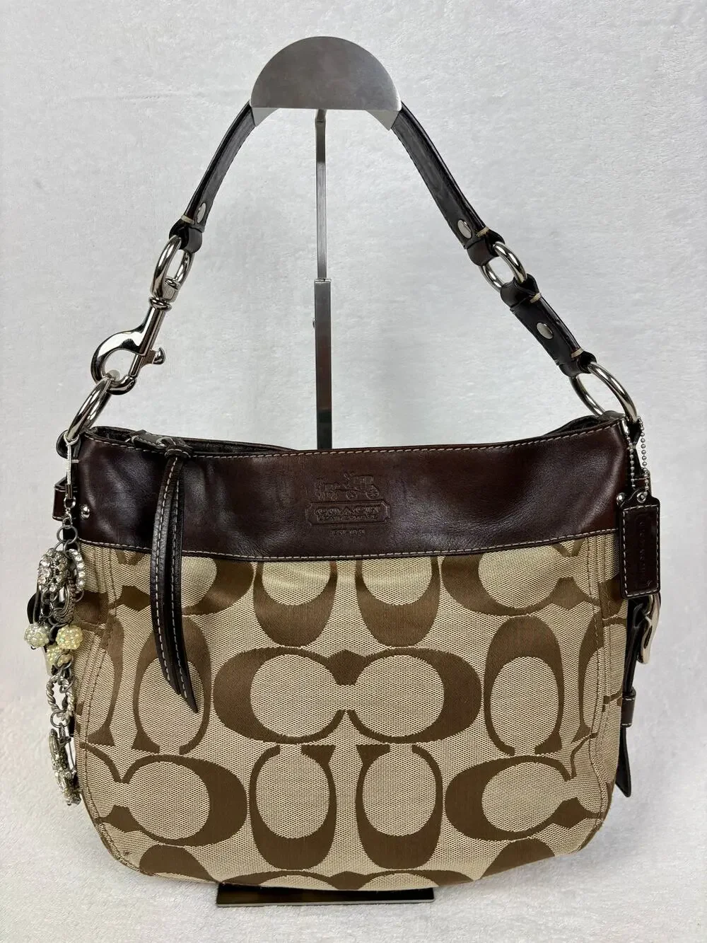 Coach Signature Y2K Zoe Hobo in Tan/Dark Brown Jacquard with Custom Charm